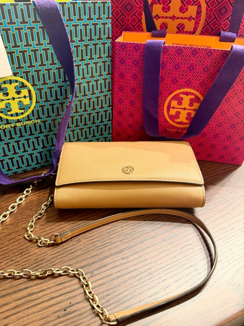 Tory Burch Camel/Tan Leather Crossbody Wallet with Chain Strap